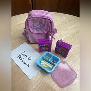 Bitty Twins Sleepover Backpack with Purple Juice Boxes and Blue Snack Tray